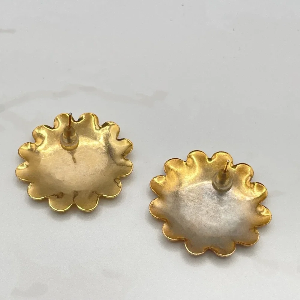 Vintage Gold Tone Stud‎ Earrings Large Flower Bubble Textured Scalloped Boho Y2K